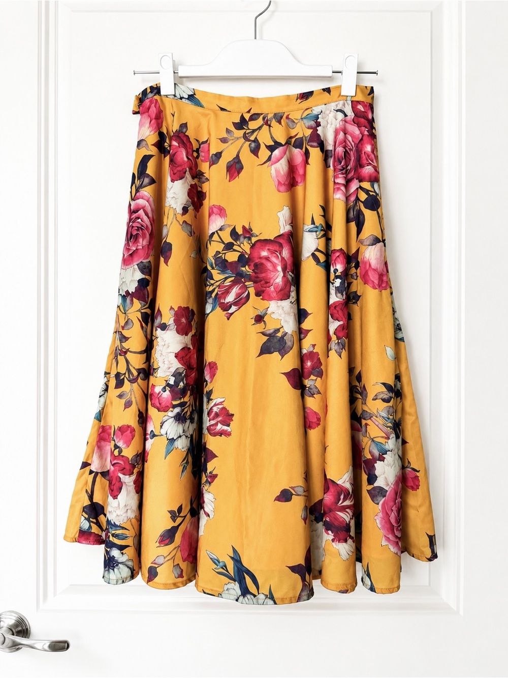 Mustard Yellow Floral Circle Skirt with Pink Rose Print